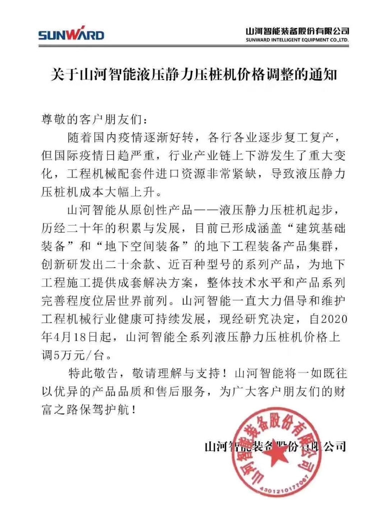 关于Z6人生就是博智能液压静力压桩机价值调整的通知